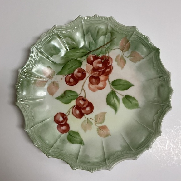France Other - Antique Porcelain Cherries Plate Hand-Painted Green Scalloped Rim 8.5” France